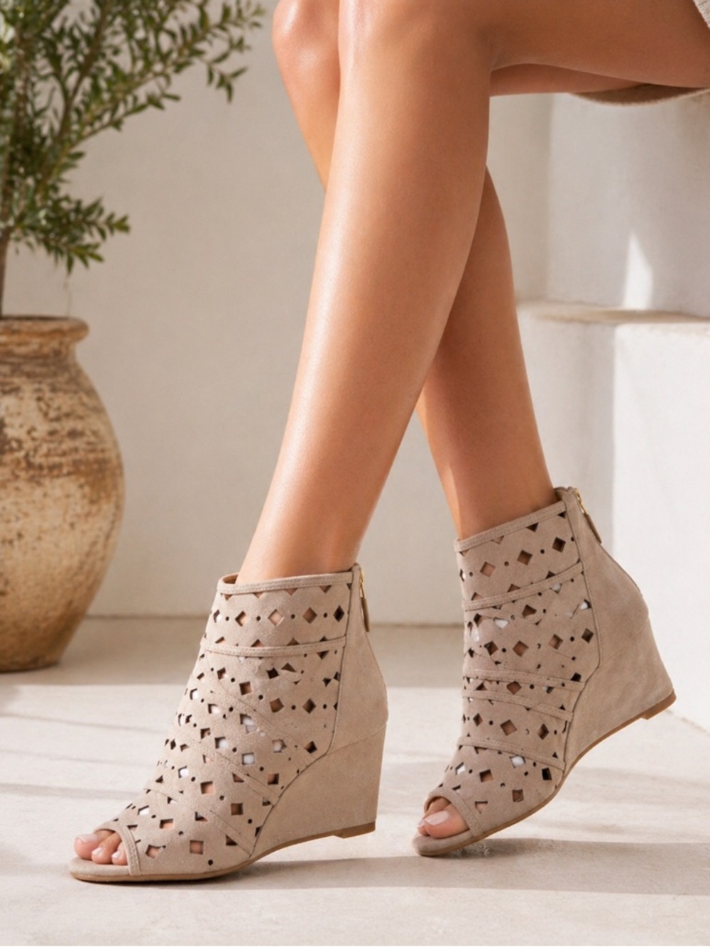 Michael Kors Taupe Suede Cutout Peep Toe Wedge Booties